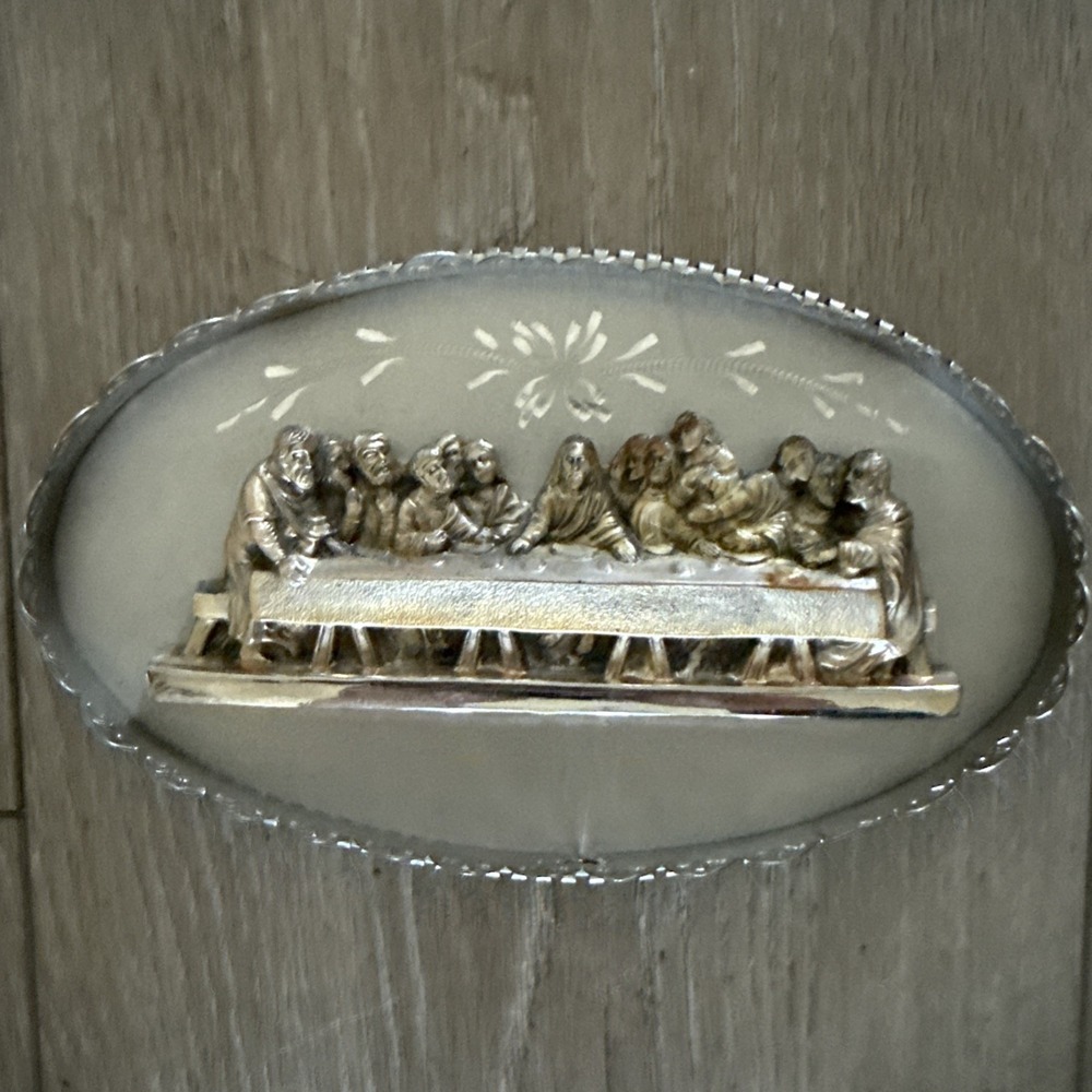 Vintage Spelter Metal wall Plaque Last Supper Religious oval 7-1/8" Long - 60's